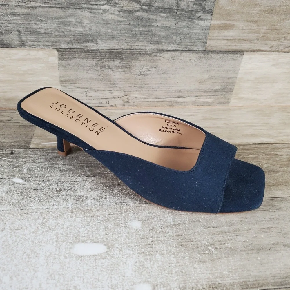 Journee Collection Navy Suede Open-Toe Kitten Heel Mule